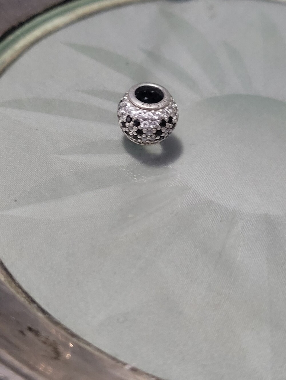 Pandora Sterling Silver Pavé Disc Charm Bead with Black and White Cz Stones